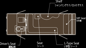 Shelf シャンパングラス/ロックグラス VIP Seat VIP席 Driver's Seat 運転席 Seat シート L-Type Seat L字型シート